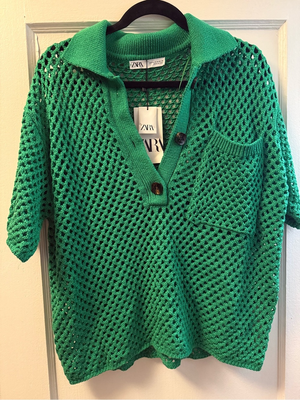 Zara Emerald Green Open-Knit Polo Sweater